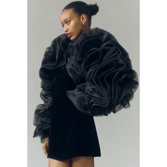 By Anthropologie Ruffle Drama Sleeve Shrug Black NWT One Size Statement Runway - Picture 15 of 16